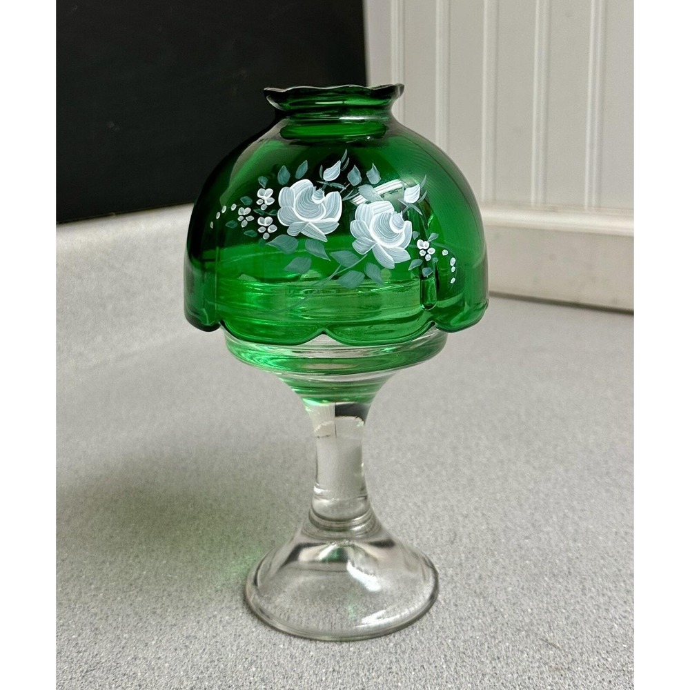 Vtg Fenton Art Glass Green Emerald Fairy Lamp Hand Painted Signed D. Cutshaw HTF